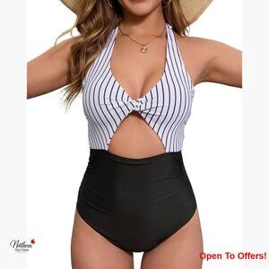 One Piece Swimsuit Tummy Control High Waisted Halter Wrap Tie Back